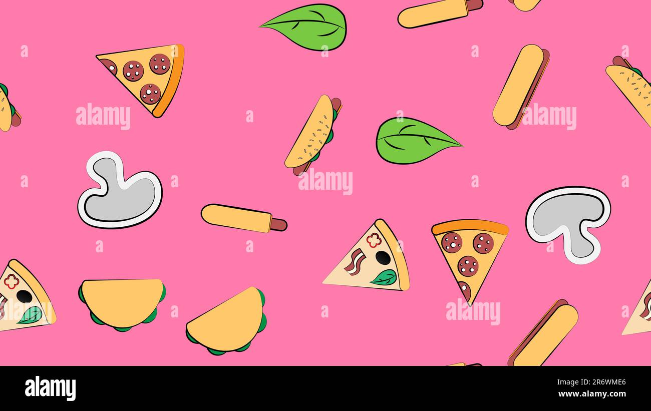 Infinito motivo rosa senza cuciture da una serie di icone di cibo delizioso e snack per un bar ristorante caffetteria: Pizza, hot dog, burrito, pizza, green Illustrazione Vettoriale