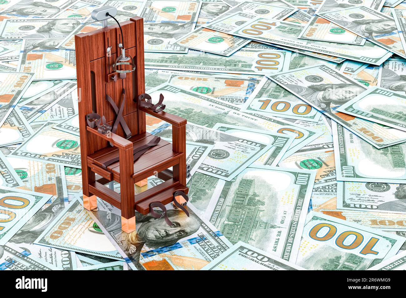 Sedia elettrica sullo sfondo dollari, rendering 3D Foto Stock