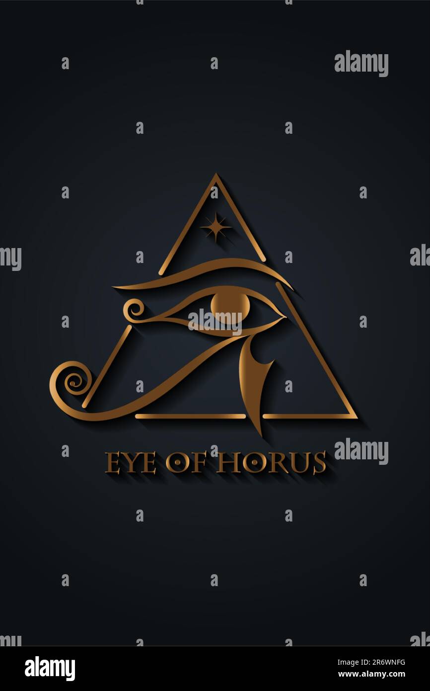 Eye of Horus gold Logo design. L'antico segno della Luna Egiziana. Potente amuleto Pharaohs, vettore di lusso dorato isolato su sfondo nero Illustrazione Vettoriale