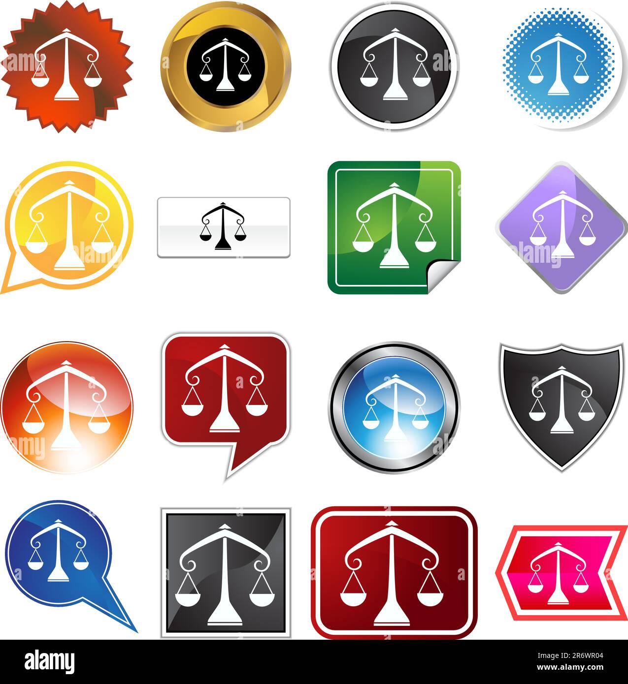 Una serie di 16 pulsanti icone in forme e colori diversi - simbolo zodiaco bilancia. Illustrazione Vettoriale