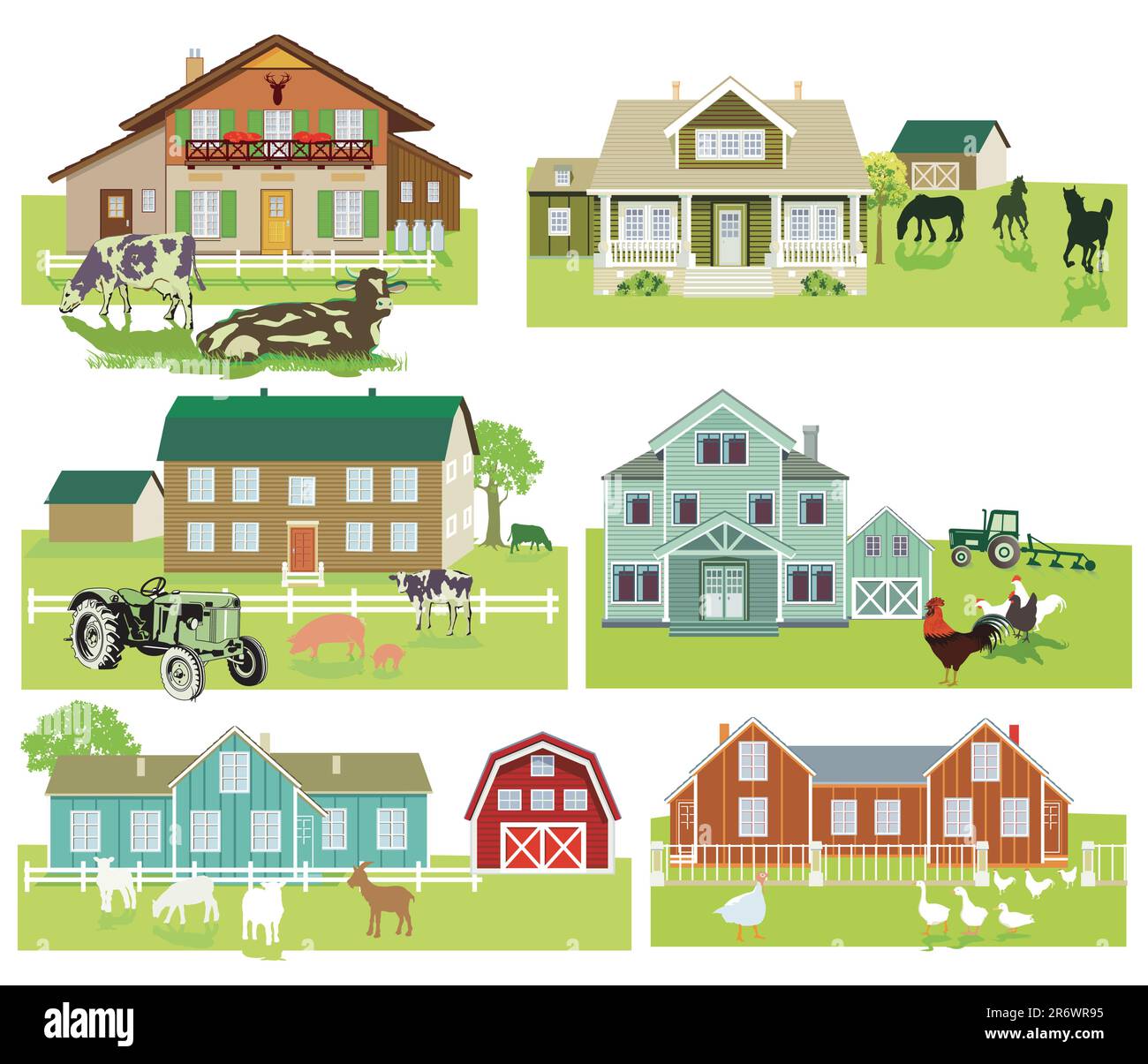 Casali con bestiame e trattori, illustrazione Illustrazione Vettoriale