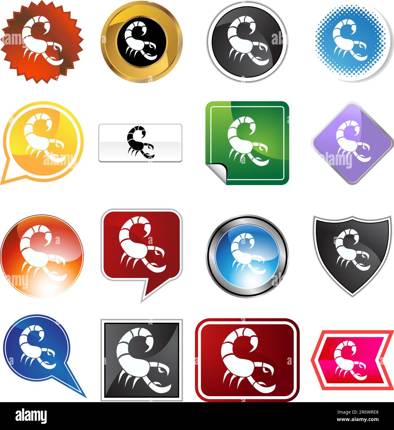 Una serie di 16 pulsanti icona in forme e colori diversi - simbolo zodiaco Scorpione. Illustrazione Vettoriale