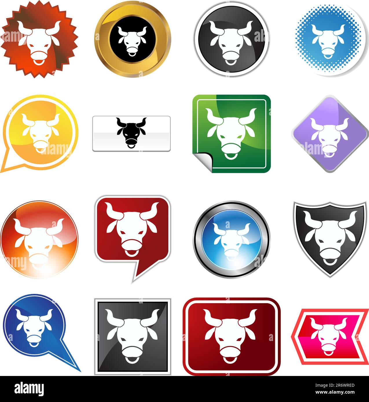 Una serie di 16 pulsanti icone in diverse forme e colori - simbolo zodiaco Tauro. Illustrazione Vettoriale