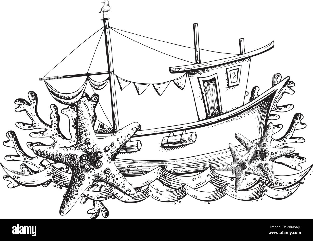 Imbarcazione da pesca con bandiera ghirlande, onde, stelle marine e coralli. Illustrazione disegnata a mano nella grafica. Vettore EPS. Composizione isolata su un bianco Illustrazione Vettoriale