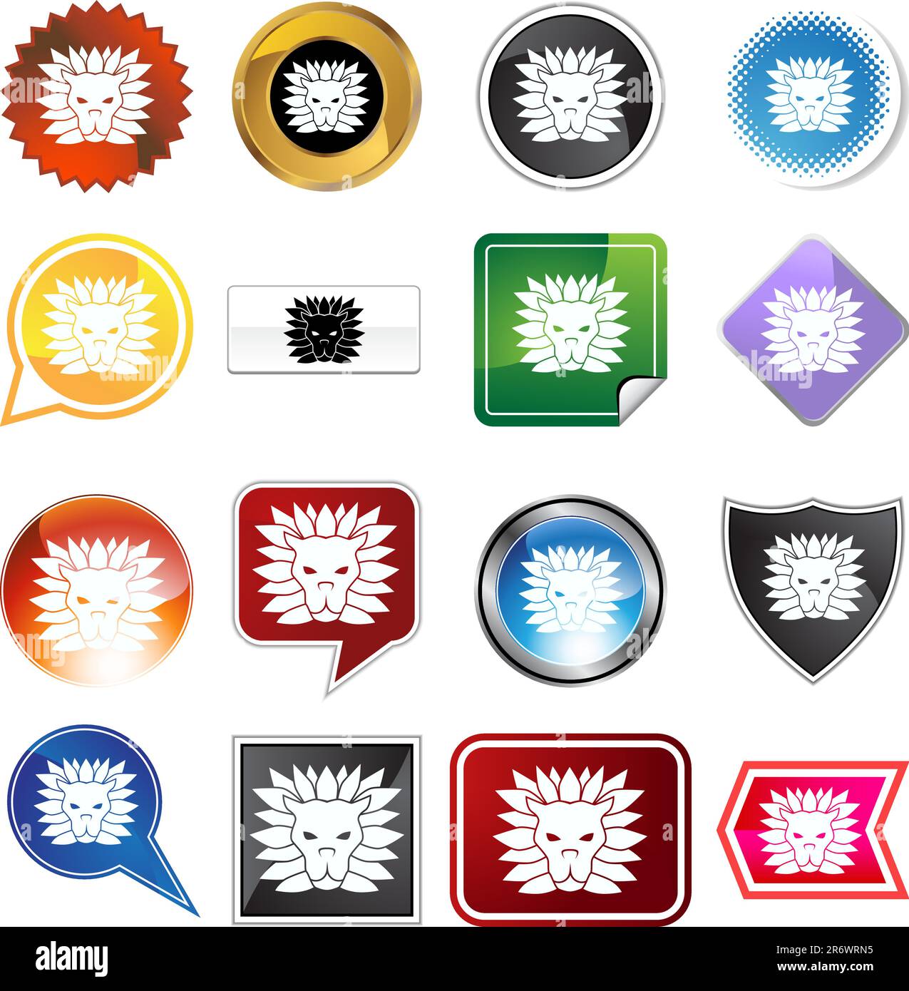 Una serie di 16 pulsanti icone in forme e colori diversi - simbolo zodiaco Leo. Illustrazione Vettoriale
