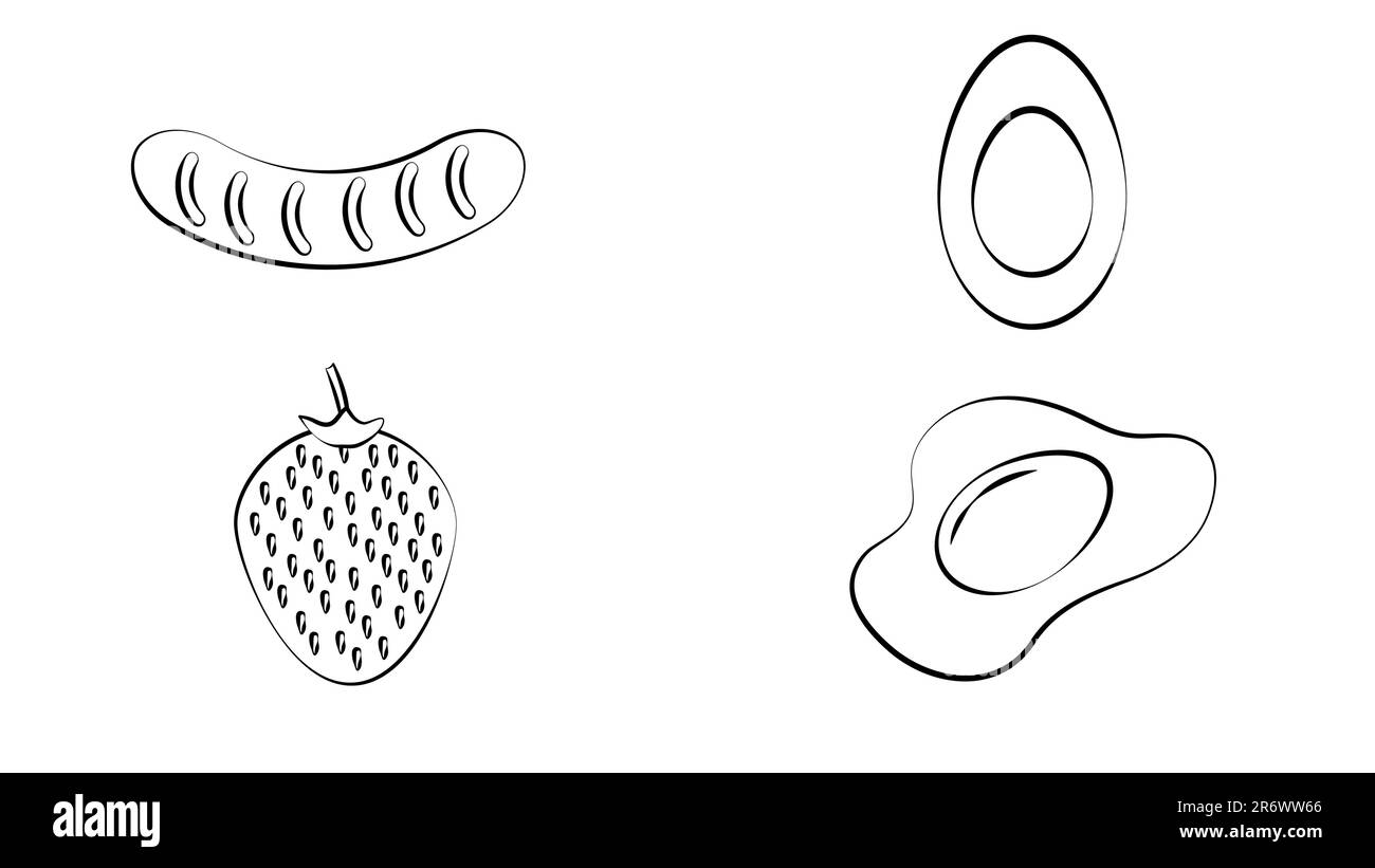 Set per la colazione all'americana, illustrazione vettoriale, disegno a mano, schizzo, uova strapazzate, salsiccia, toast, champignon, caffè, croissant, fragola, marmellata, zucchero, f Illustrazione Vettoriale