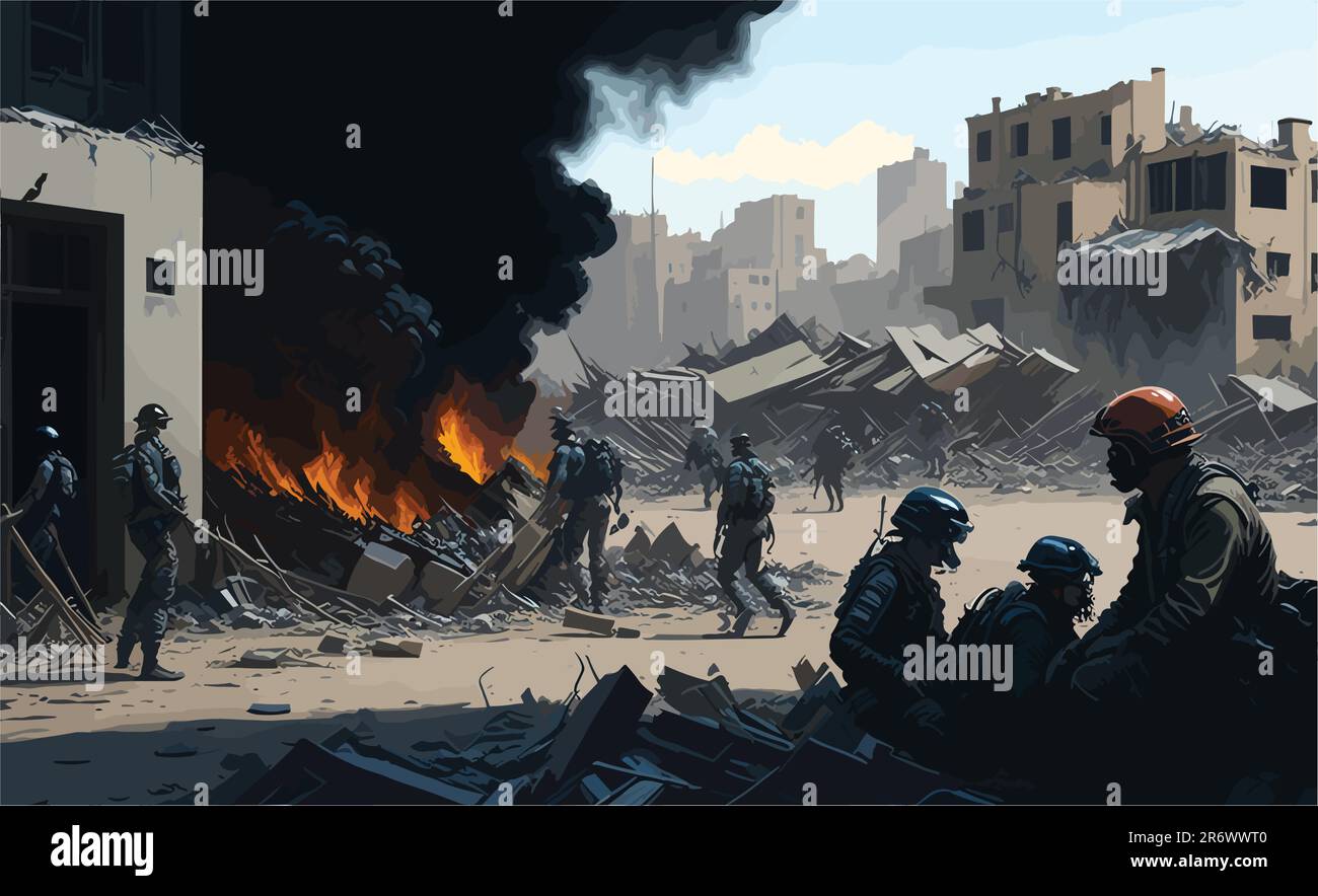 Dipinto a olio dell'impatto della guerra sui civili una scena che illustra l'impatto della guerra su spettatori innocenti, evidenziando il dolore, la perdita e lo sfollamento Illustrazione Vettoriale