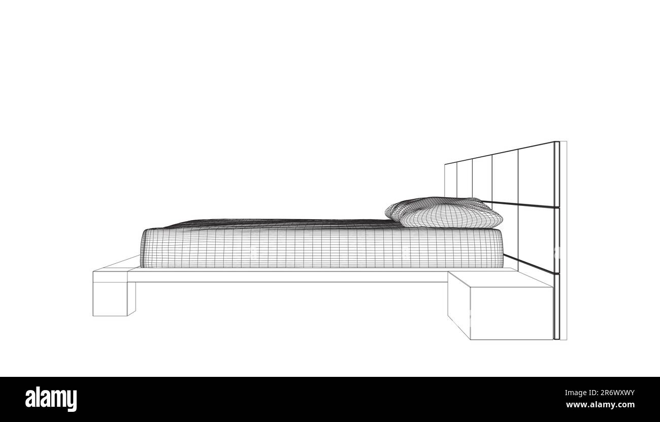 Disegno a reticolo del letto matrimoniale. Arredamento moderno e confortevole per la camera da letto. Wireframe di un letto con cuscini da linee nere isolato Illustrazione Vettoriale