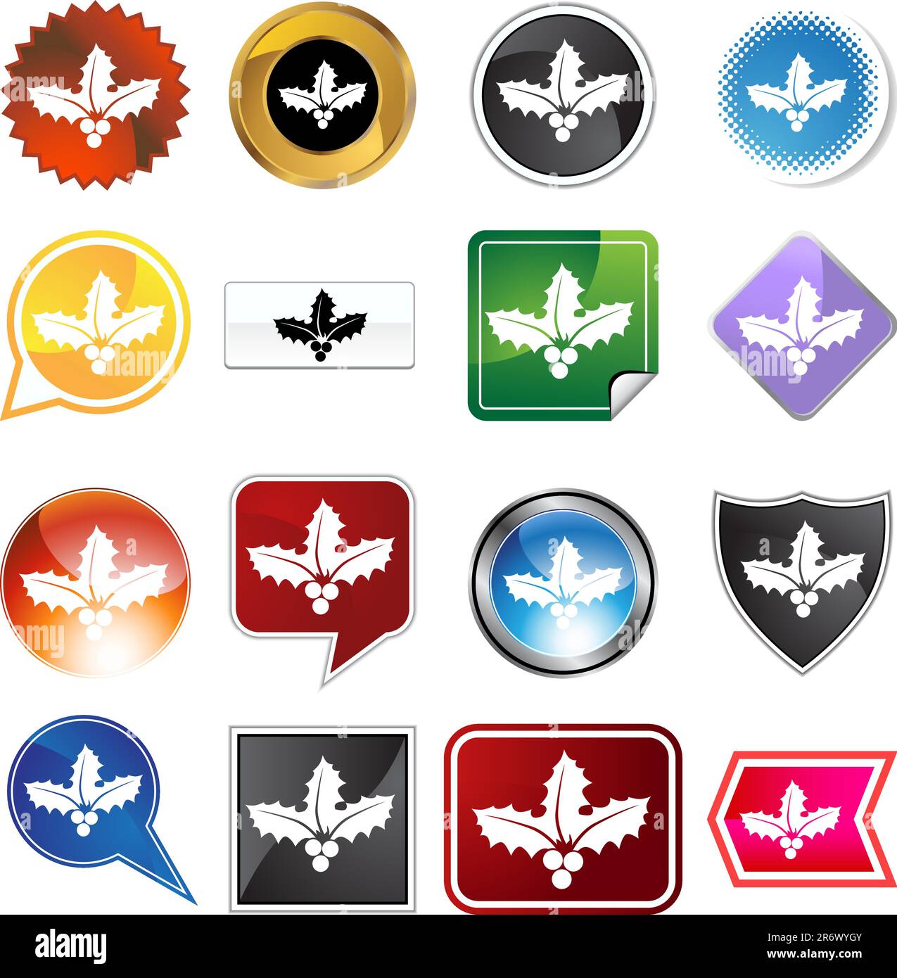 Un set di 16 pulsanti icone in diverse forme e colori - holly. Illustrazione Vettoriale