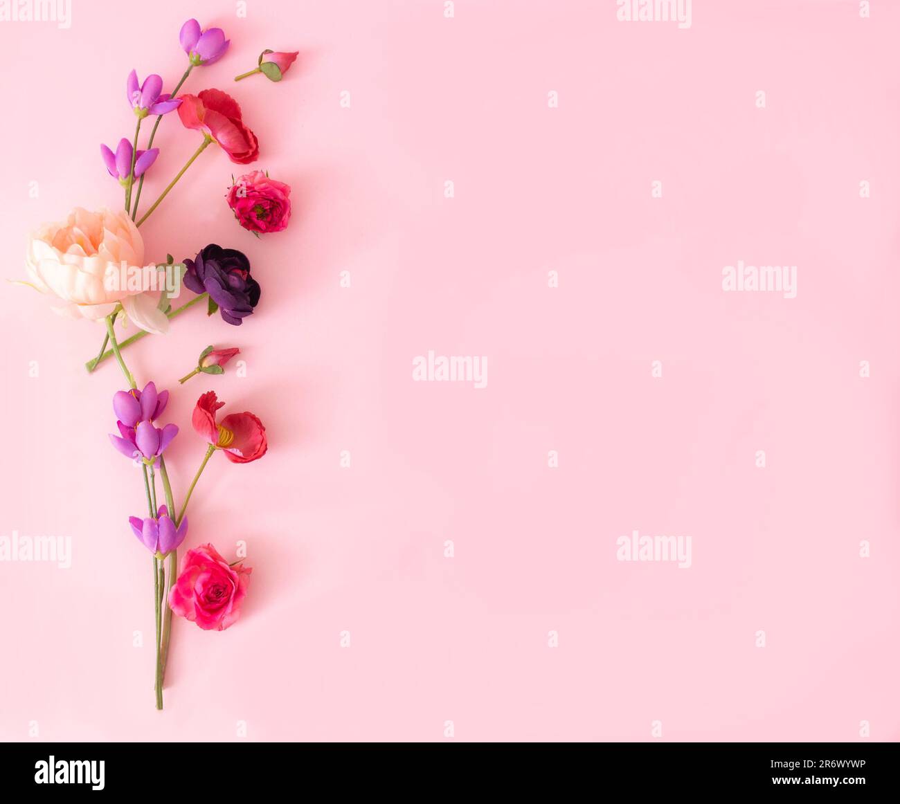 Fiori rosa, lilla e rossi sul lato sinistro di sfondo rosa pastello. Design floreale per un compleanno, un matrimonio o un invito o un biglietto per una festa di fidanzamento. Foto Stock