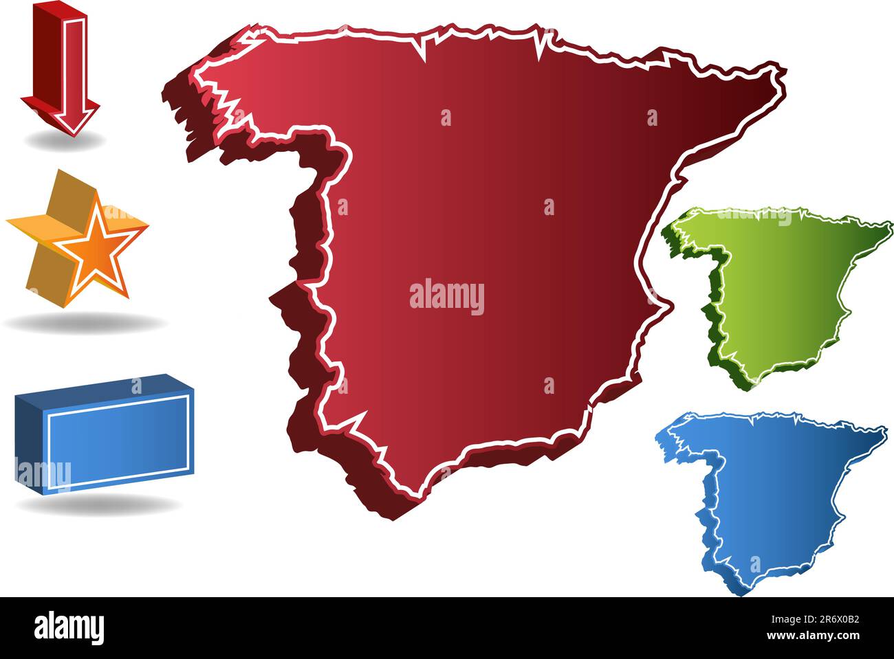 Mappa 3D della Spagna isolata su sfondo bianco. Illustrazione Vettoriale