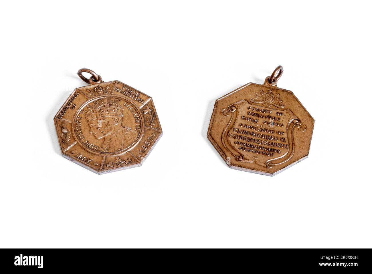 George VI & Elizabeth Coronation Medal 1937 busti coronati, Società di Miniature Rifle Clubs - Concorso commemorativo. Bronzo ottagonale. Foto Stock