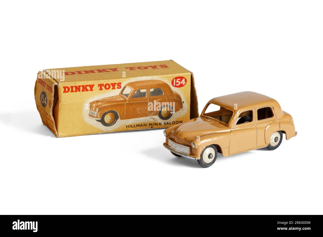 1950s Dinky Dulo Hillman Minx Saloon macchina giocattolo con scatola originale, isolato su uno sfondo bianco, Regno Unito Foto Stock