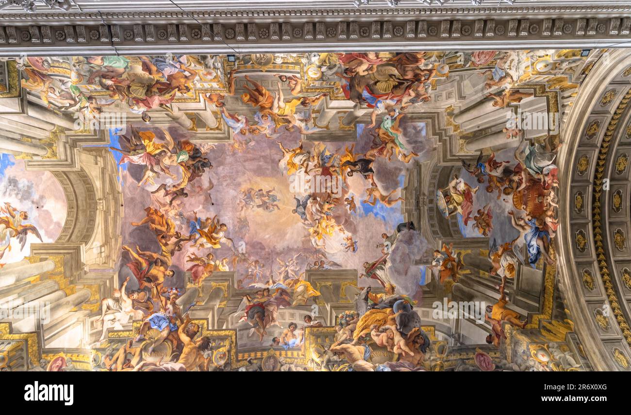 Il soffitto splendidamente decorato della Chiesa di S.. Ignazio di Loyola, Roma, Italia Foto Stock