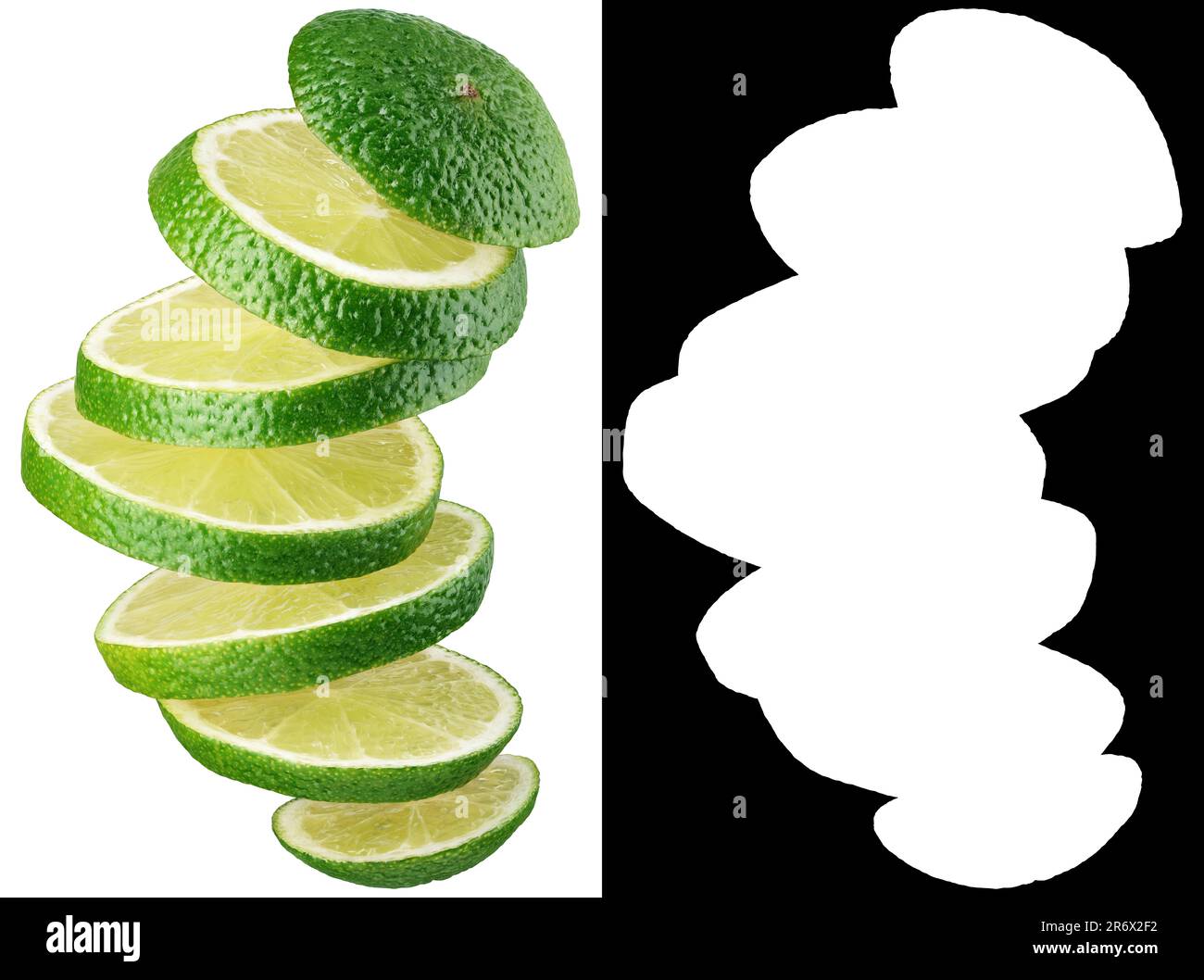 Agrumi lime a fette isolati su fondo bianco. Fettine di lime con maschera di ritaglio (canale alfa) per un rapido isolamento. Profondità di campo completa. Foto Stock