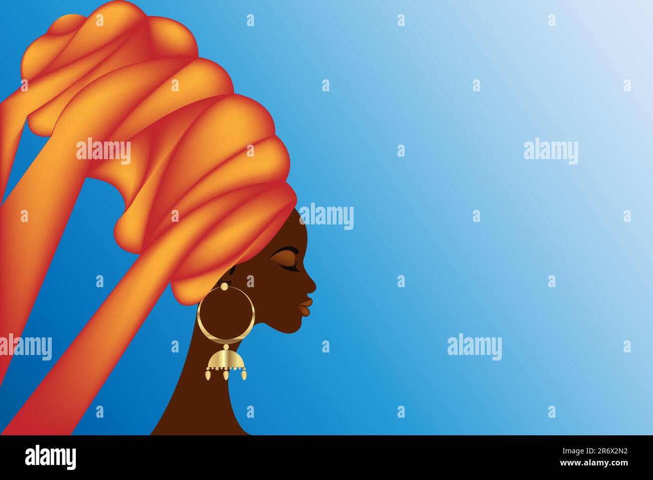 Profilo di afro americano signora guardare spazio vuoto, indossare etnico turbano e orecchini in oro, vettore isolato su sfondo di colore blu, bellezza donna africana Illustrazione Vettoriale