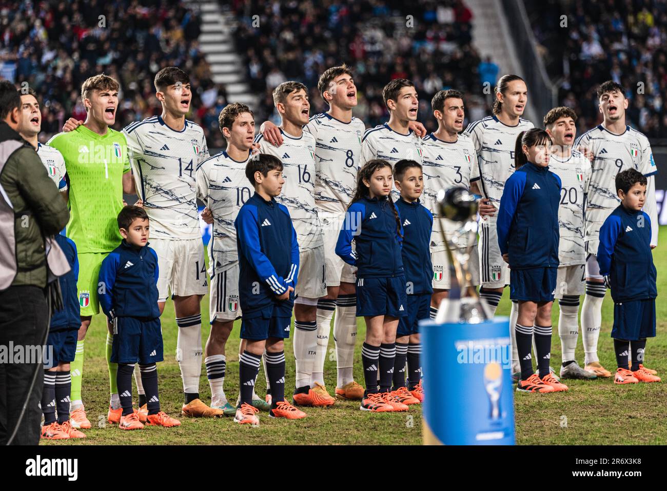 Squadra italiana prima della finale della Coppa del mondo FIFA U20 Uruguay U20 vs Italia U20 allo stadio la Plata di Tolosa, Argentina. 11th giugno, 2023. (Foto di Mateo occhi/News Images) a Tolosa, Argentina, il 1/31/2021. (Foto di Mateo occhi/News Images/Sipa USA) Credit: Sipa USA/Alamy Live News Foto Stock