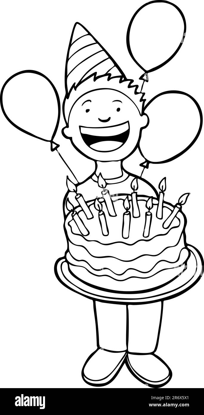 Bambino che festeggia il suo compleanno con una festa - bianco e nero - senza sfondo. Illustrazione Vettoriale