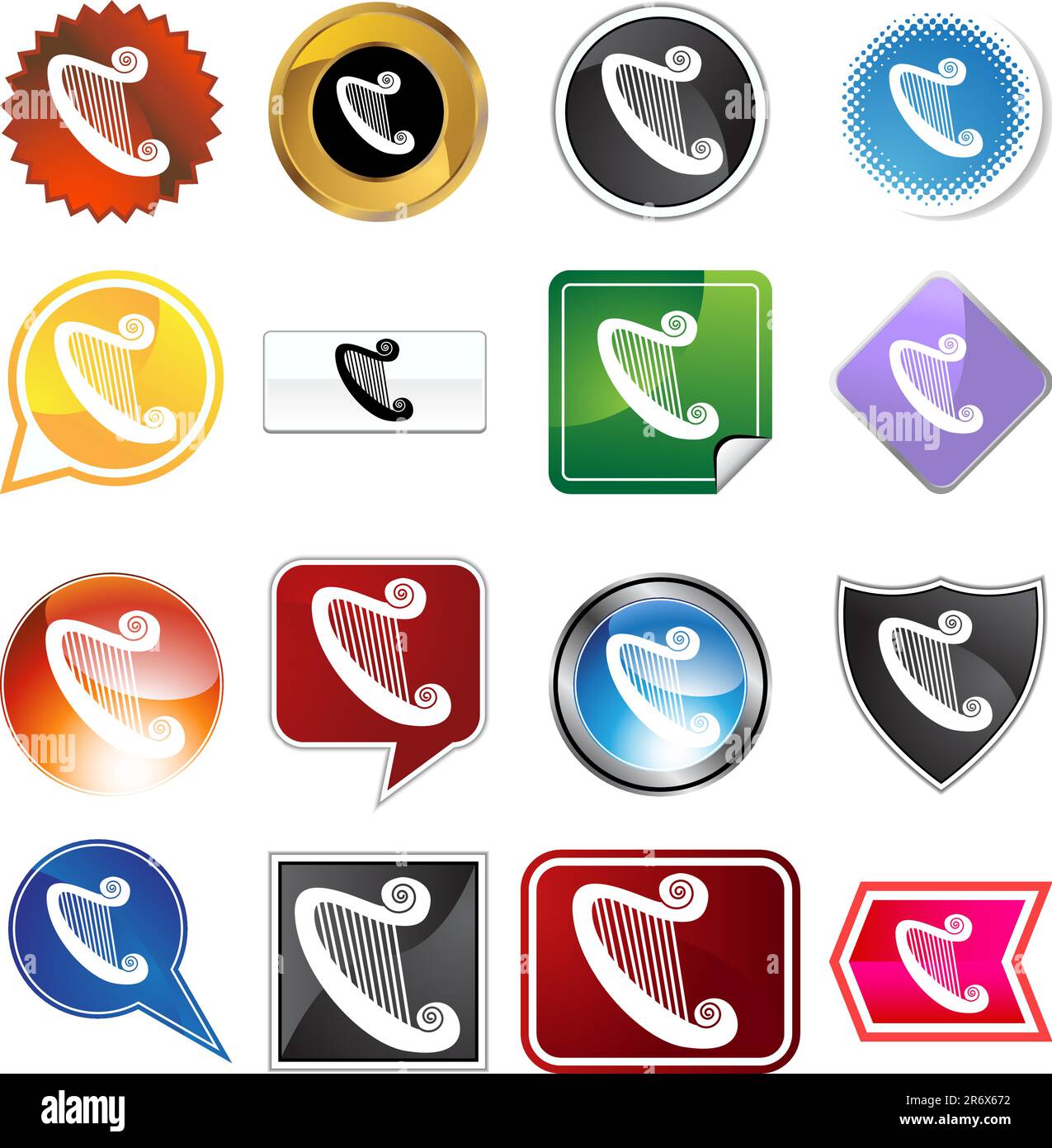 Un set di 16 pulsanti a icone in diverse forme e colori - HARP. Illustrazione Vettoriale