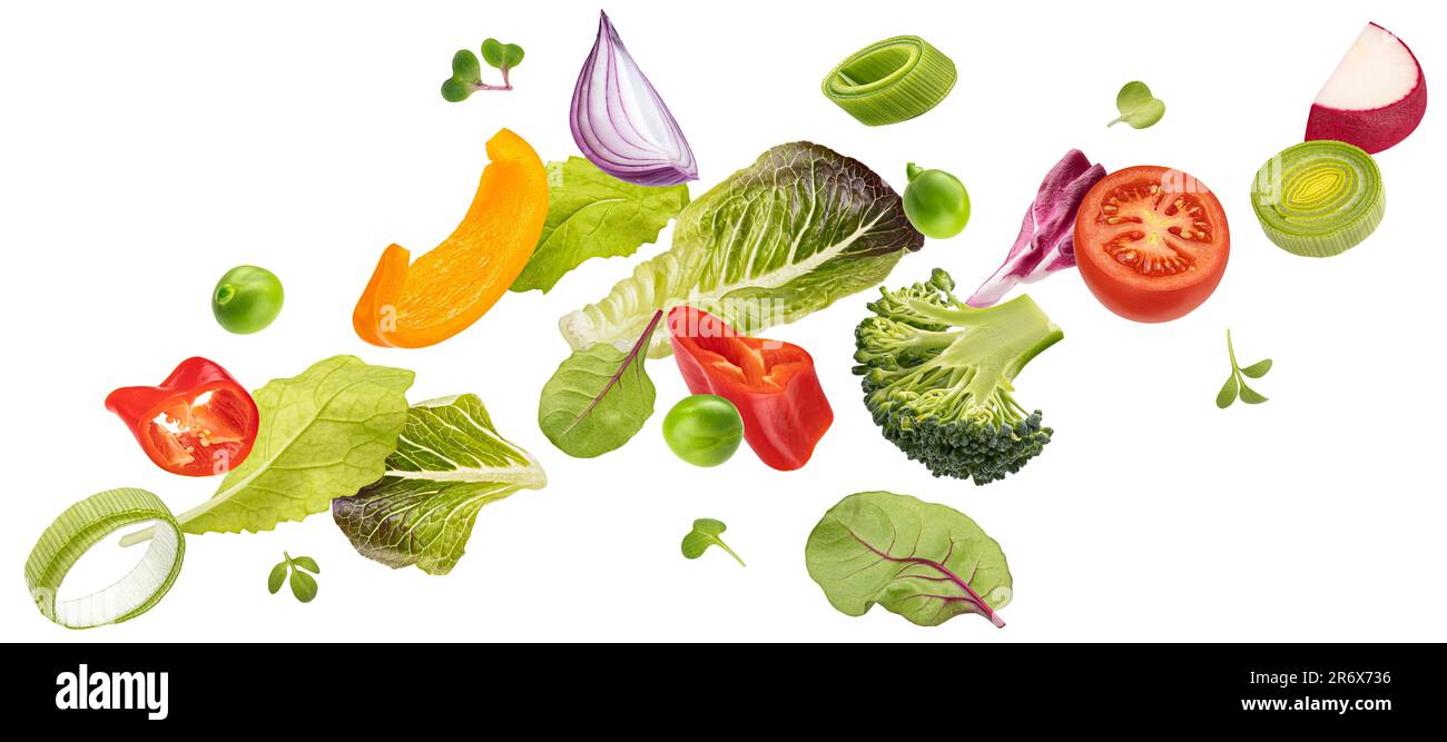 Verdure in caduta, insalata di peperone, pomodoro e lattuga Foto Stock