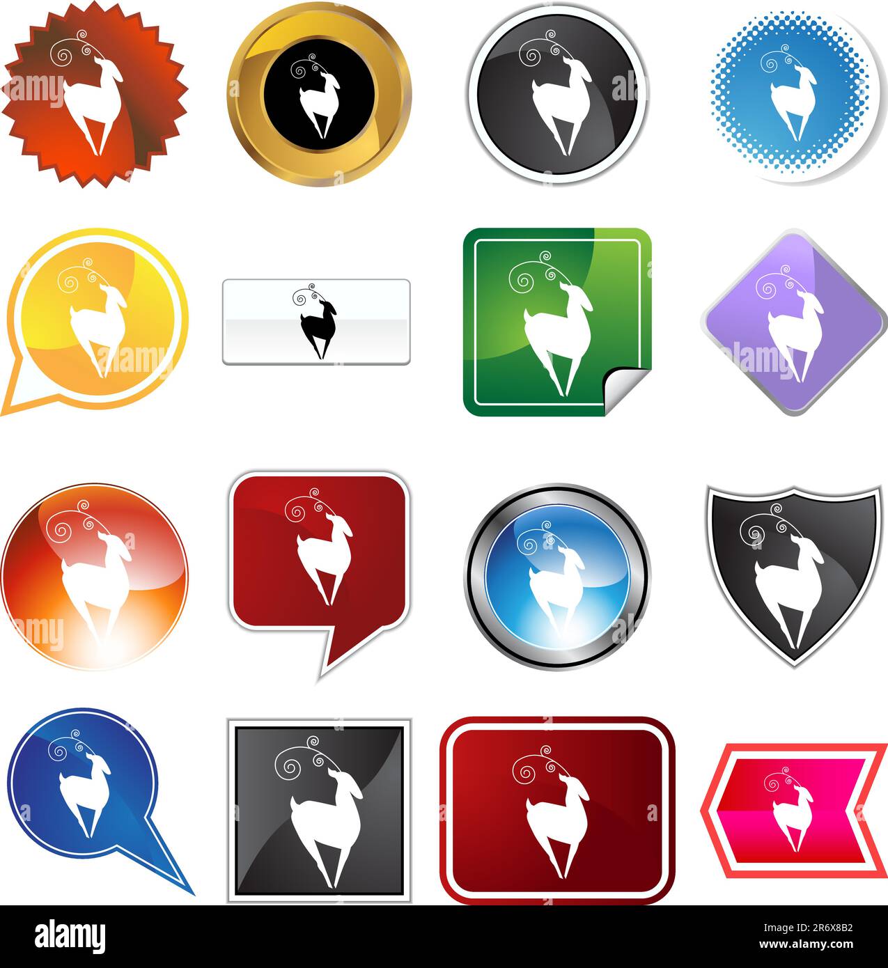 Una serie di 16 pulsanti a icone di diverse forme e colori: Renne. Illustrazione Vettoriale