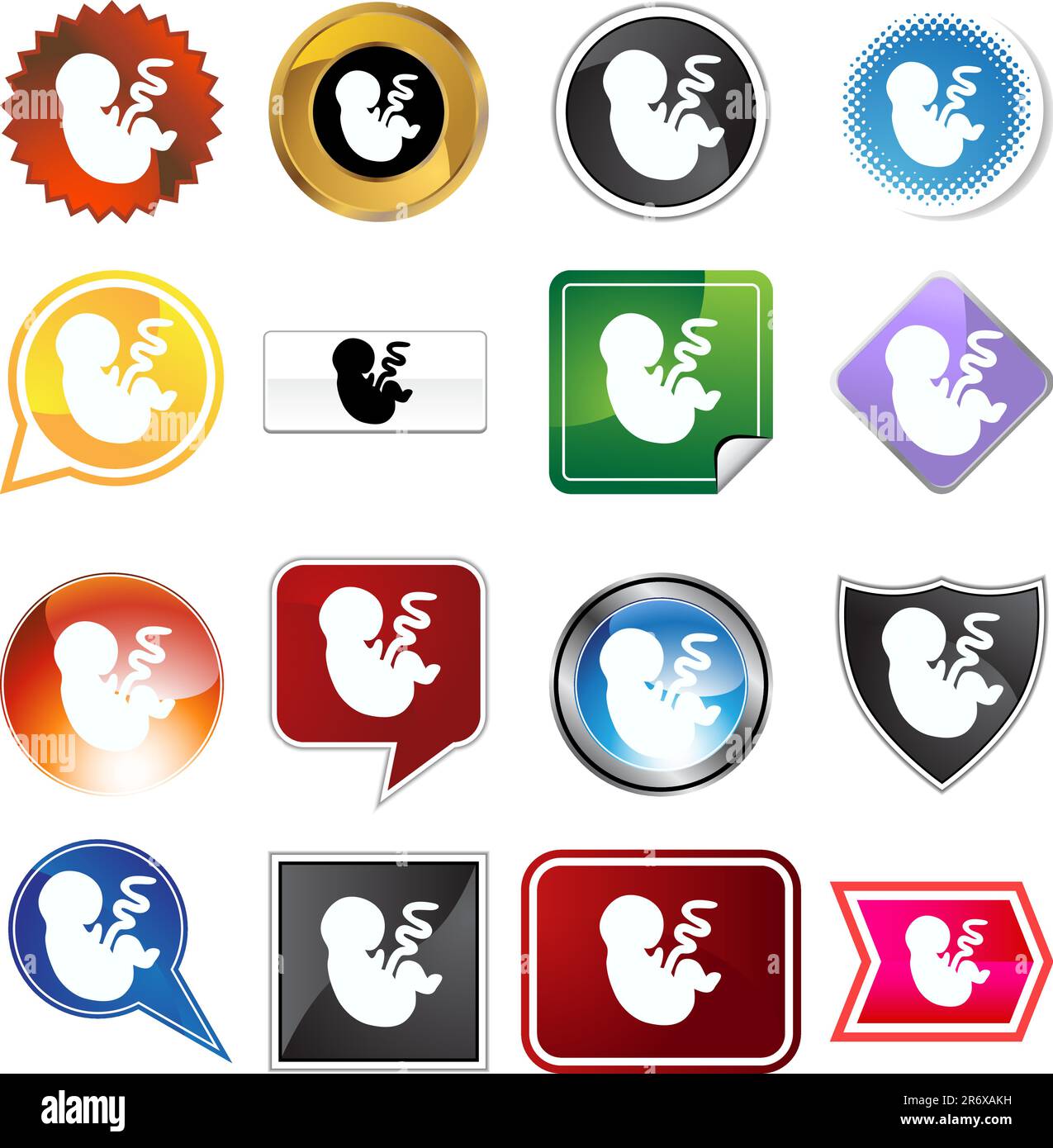 Un set di 16 pulsanti a icone in diverse forme e colori - bambino. Illustrazione Vettoriale