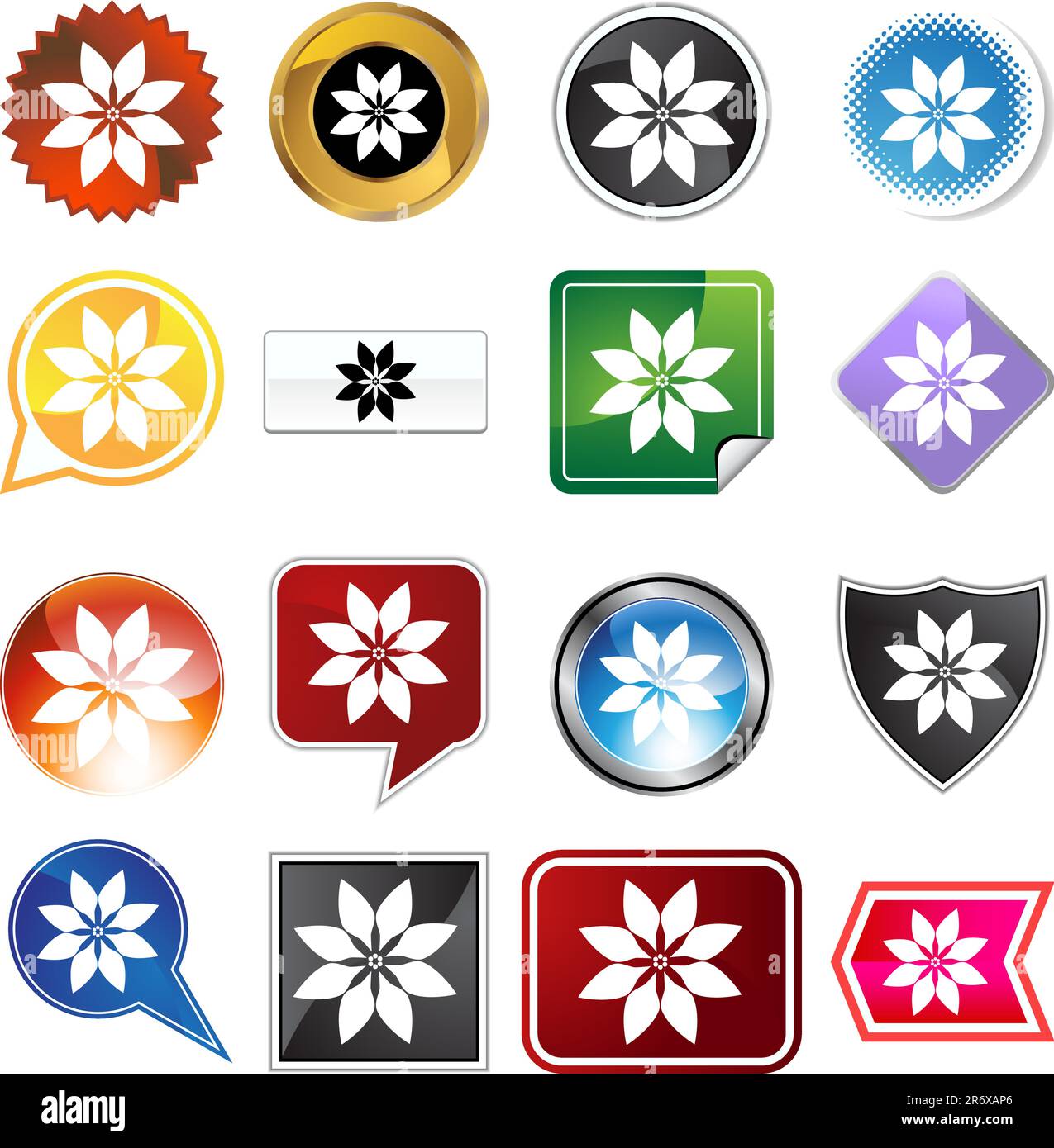 Una serie di 16 pulsanti icone in diverse forme e colori: Poinsettia. Illustrazione Vettoriale