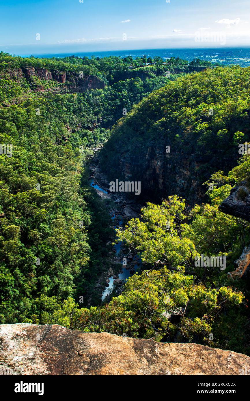Sublime Point Lookout offre viste sensazionali della Jamison Valley, del Blue Mountains National Park, del nuovo Galles del Sud, Australia Foto Stock