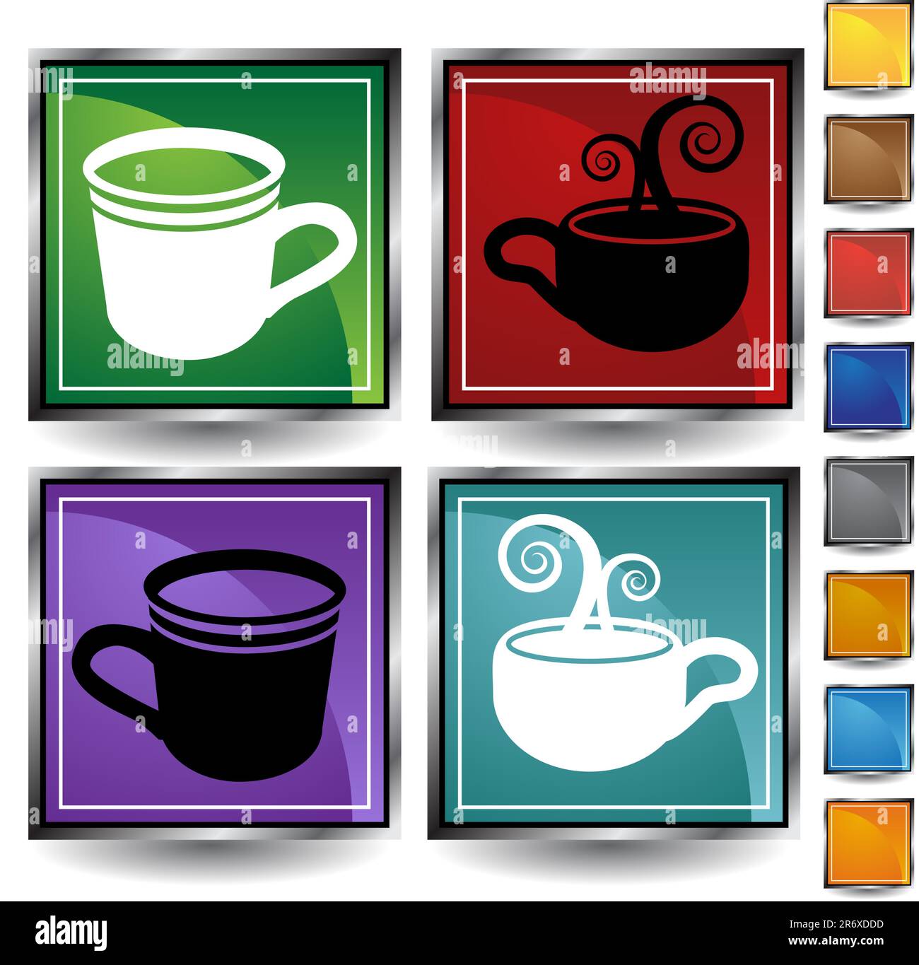 Set di quattro icone per tazze di caffè su sfondi verdi, rossi, viola e ottanio con bordi cromati. Illustrazione Vettoriale
