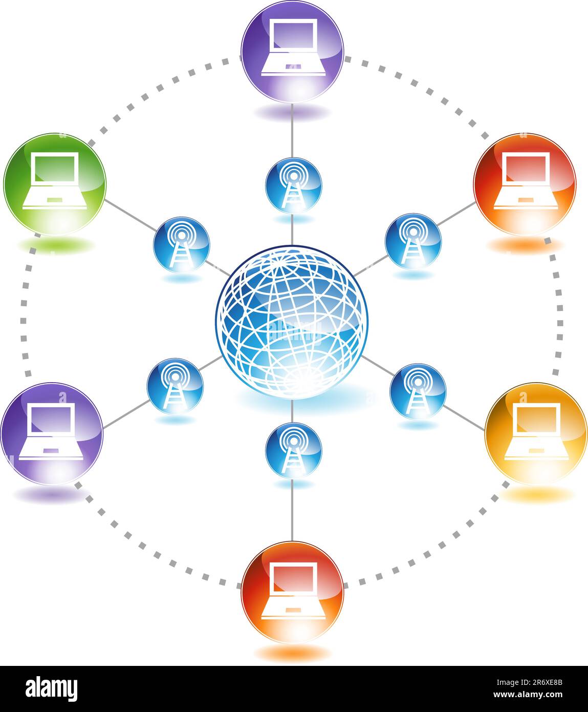 Immagine che mostra la comunicazione globale tra i computer. Illustrazione Vettoriale