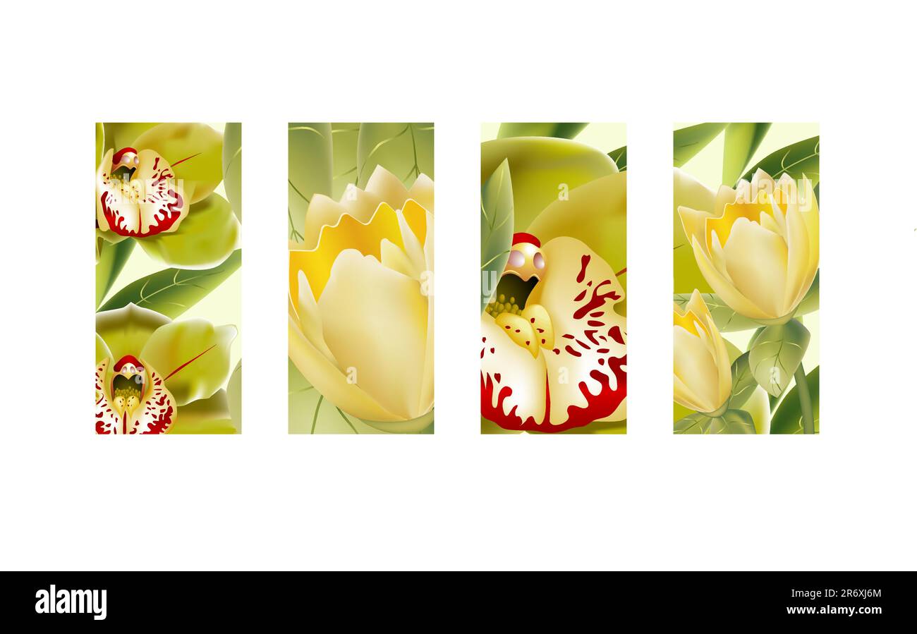 Quattro pannelli di orchidee 3D e tulipani gialli. Illustrazione Vettoriale