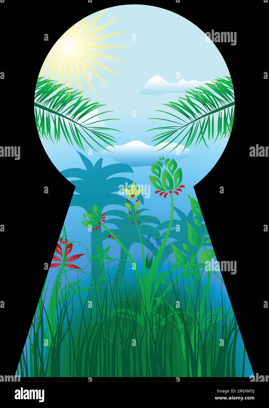 Toppa di chiave nei tropici con palme e fiori Illustrazione Vettoriale