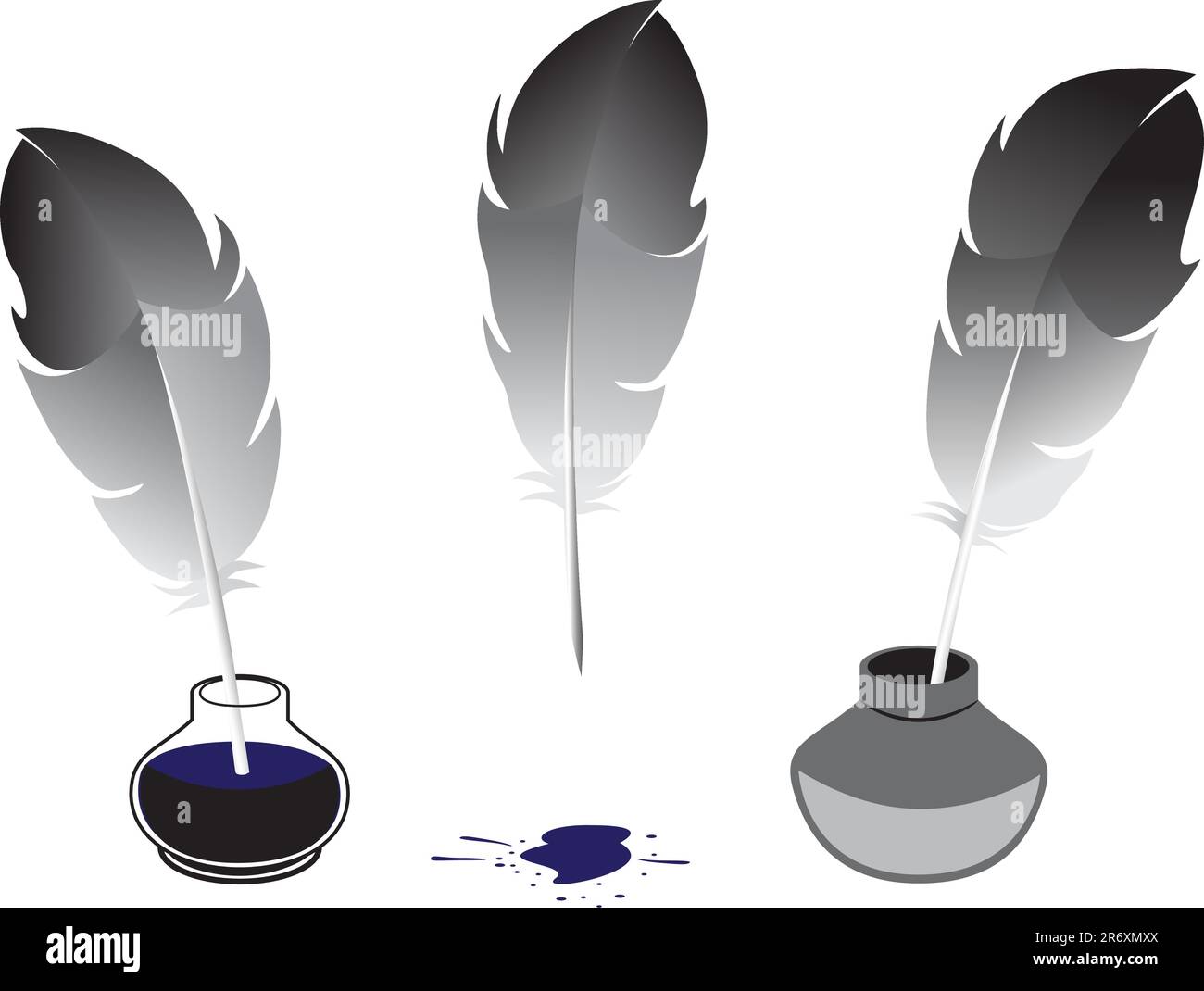 Giù per iscritto e inkwells isolati su sfondo bianco Illustrazione Vettoriale