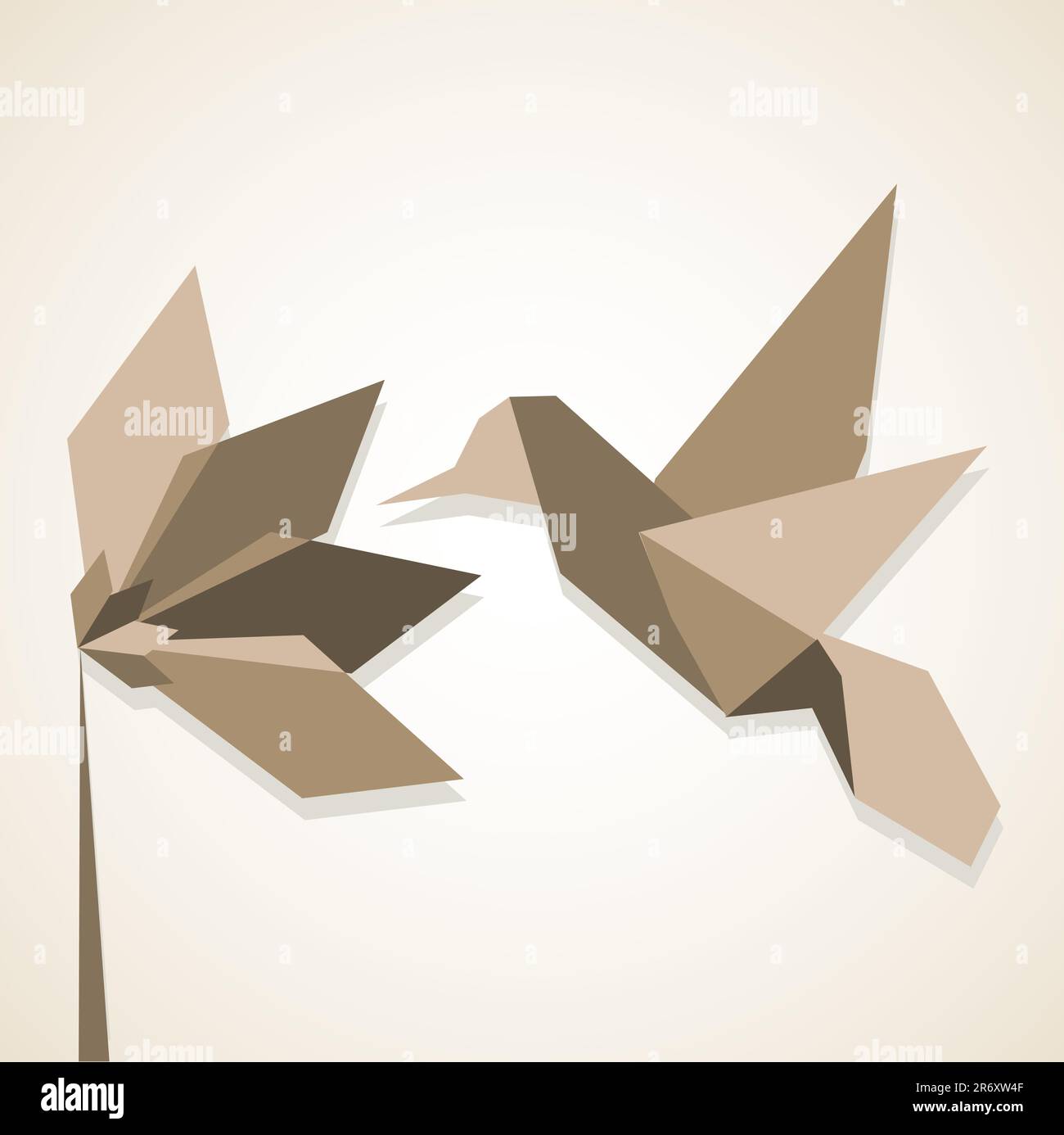 Origami monocromatici di colori marrone colibrì e fiori. File vettoriale disponibile. Illustrazione Vettoriale