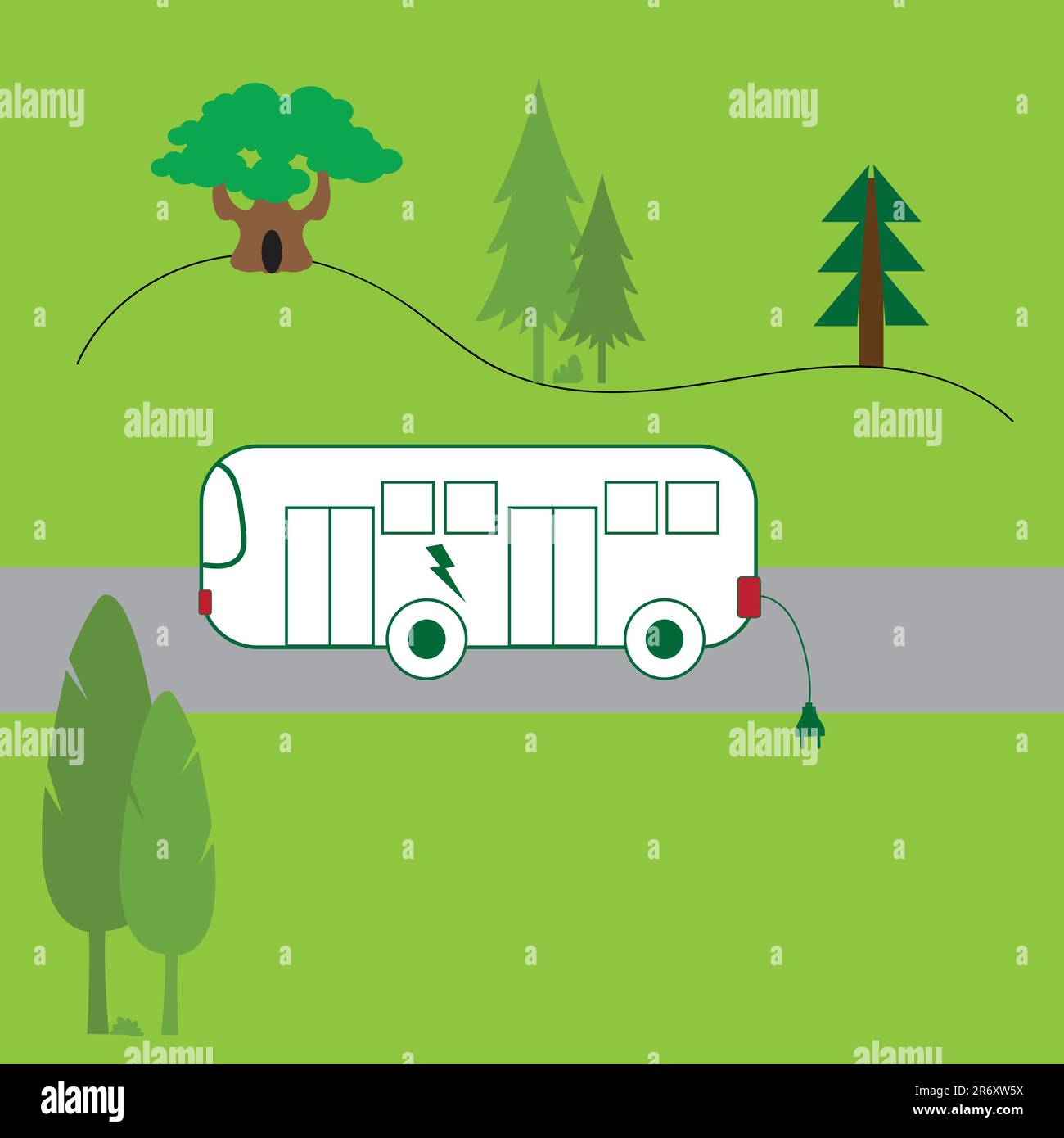 Autobus elettrico su una strada all'aperto in natura Illustrazione Vettoriale