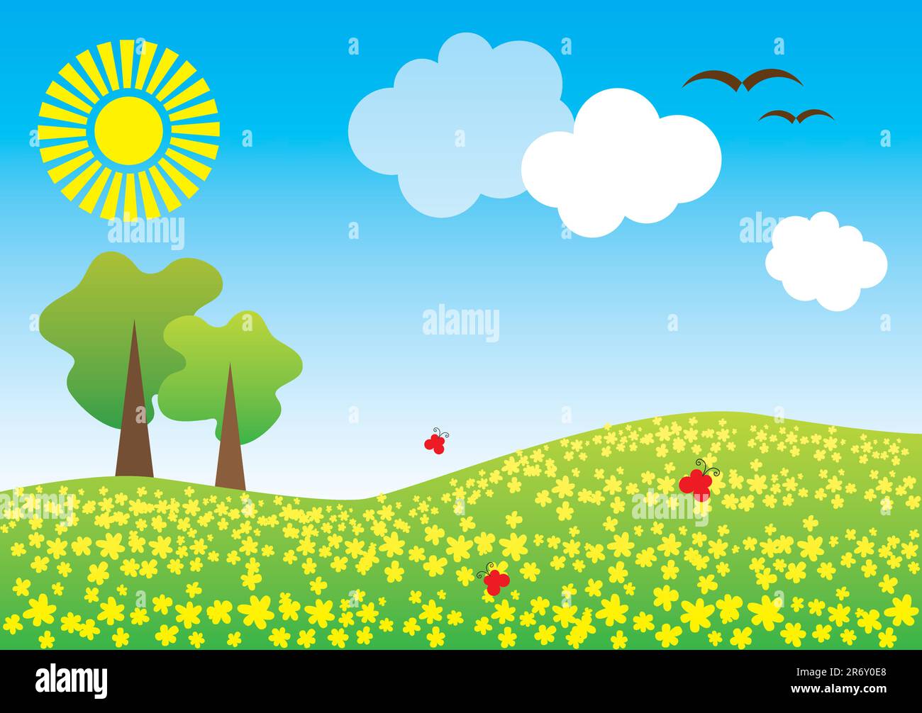 Disegno paesaggio estivo: Alberi, erba, fiori, farfalle, uccelli, sole Illustrazione Vettoriale