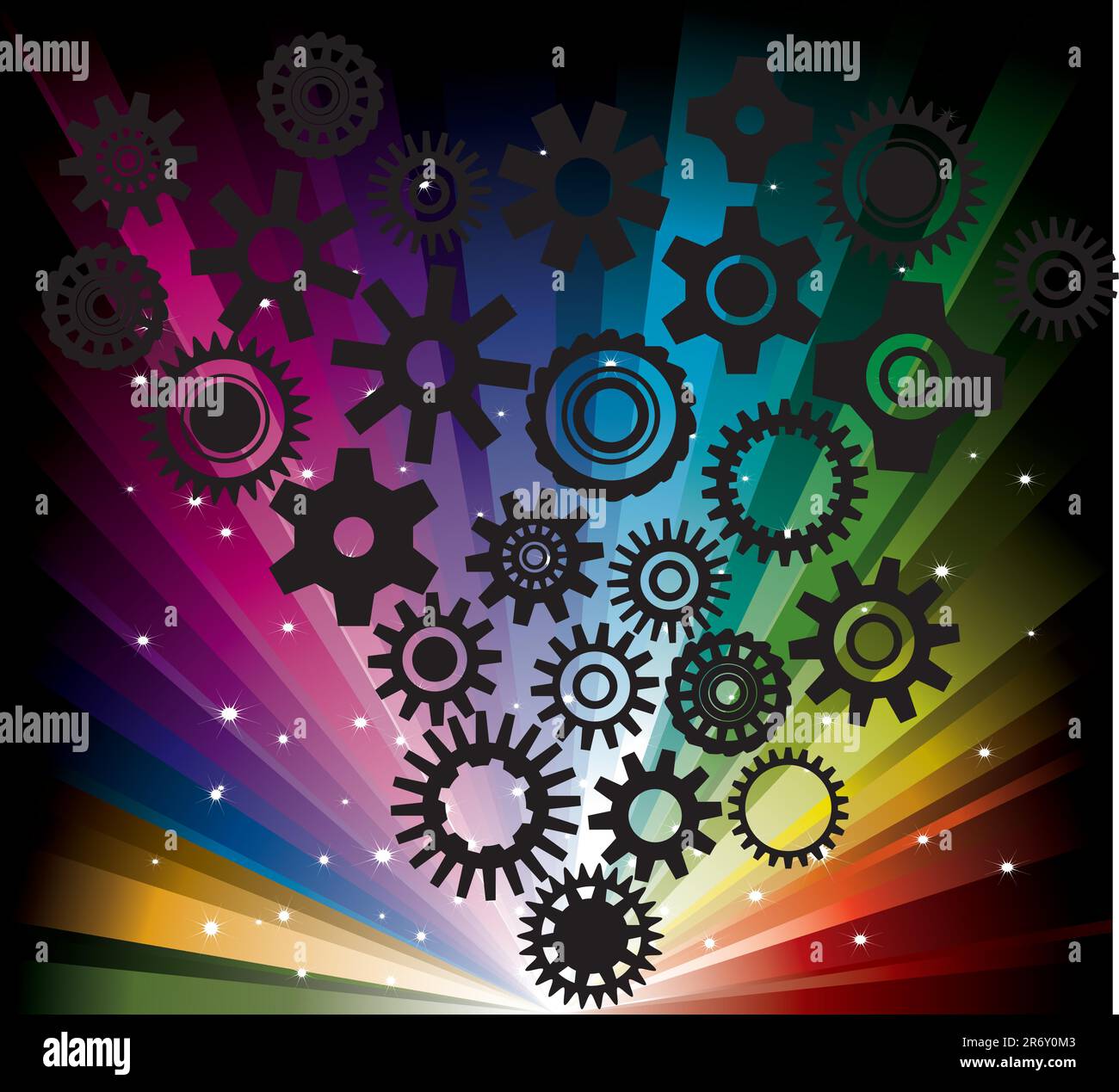 sfondo freddo con ruota dentata nera su arcobaleno Illustrazione Vettoriale