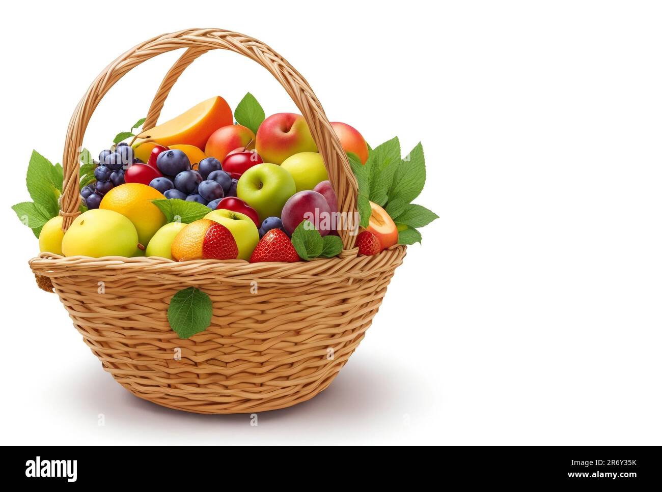 Bella frutta insieme di cestini closeup e copia spazio per il testo isolato su sfondo bianco Foto Stock