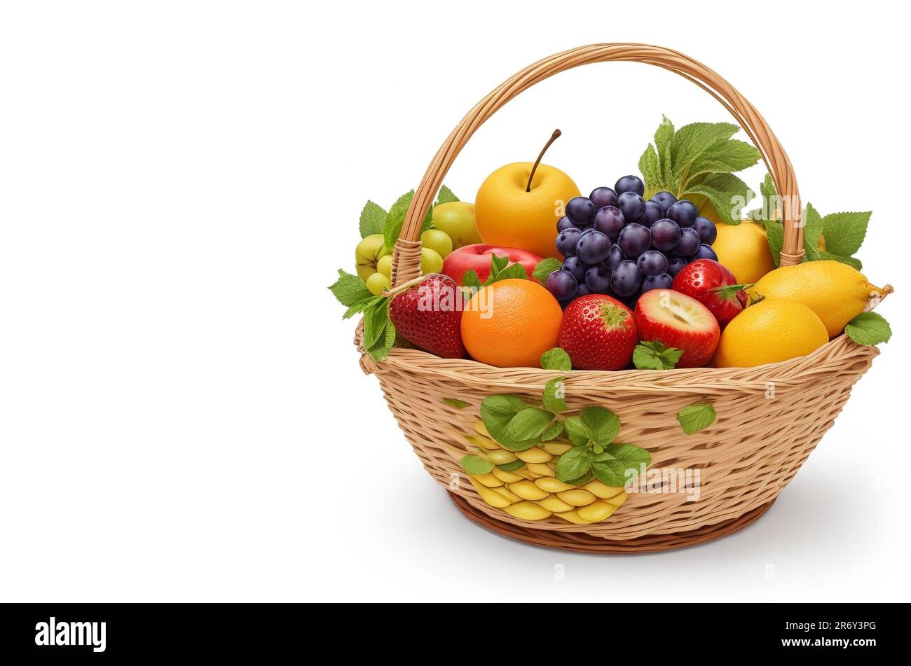 Bella frutta insieme di cestini closeup e copia spazio per il testo isolato su sfondo bianco Foto Stock