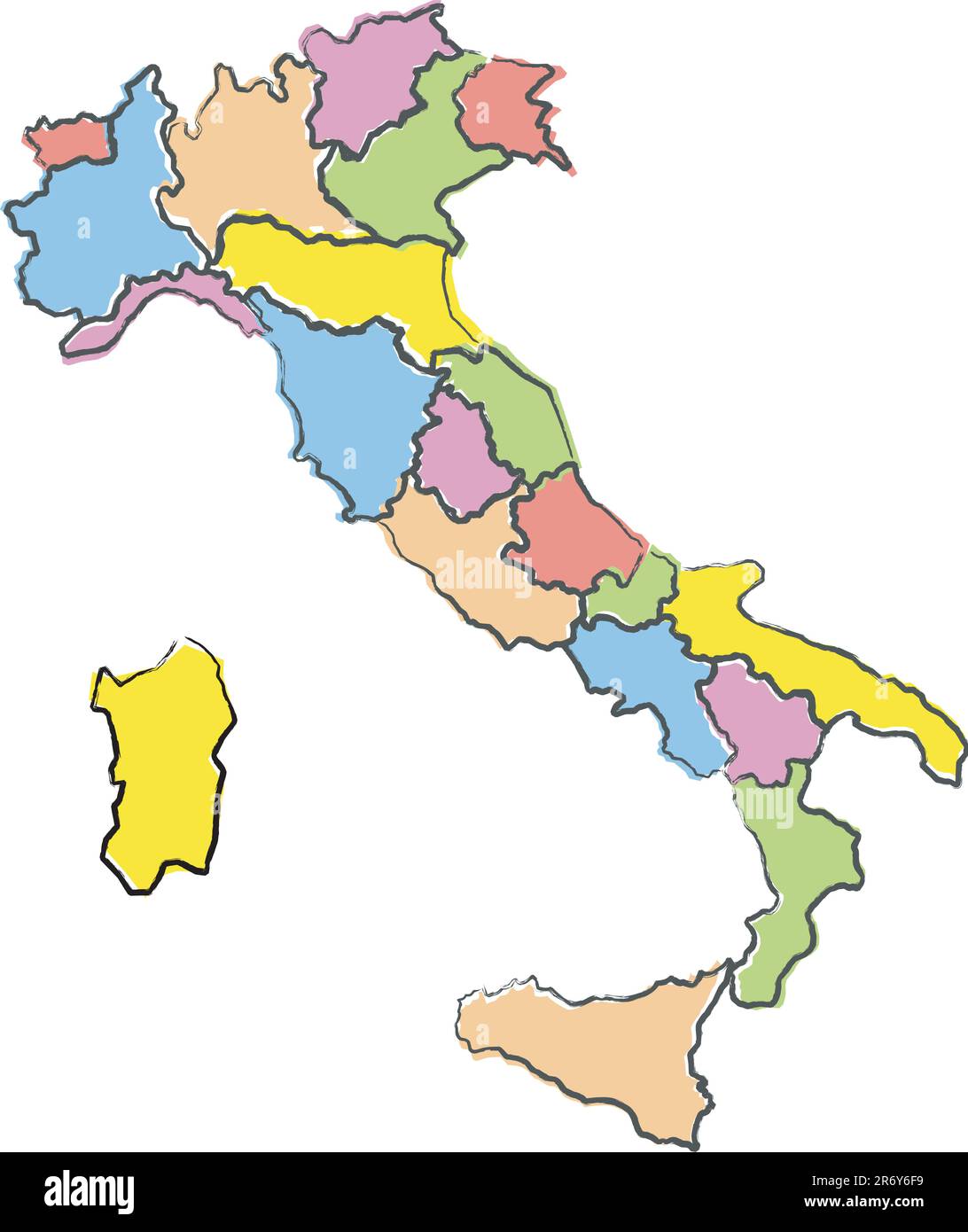 Mappa a colori dell'Italia, i confini delle regioni tracciati con stile pennello Illustrazione Vettoriale Mappa a colori dell'Italia, i confini delle regioni tracciati con stile pennello Illustrazione Vettoriale