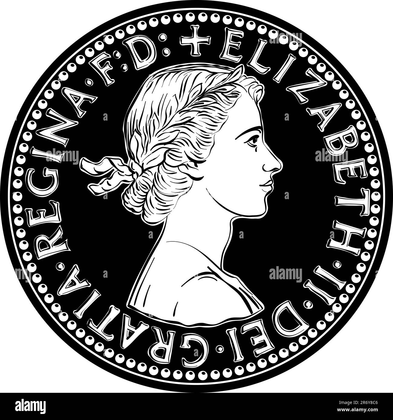 Moneta britannica vettoriale in bianco e nero un vecchio mezzo centesimo Illustrazione Vettoriale