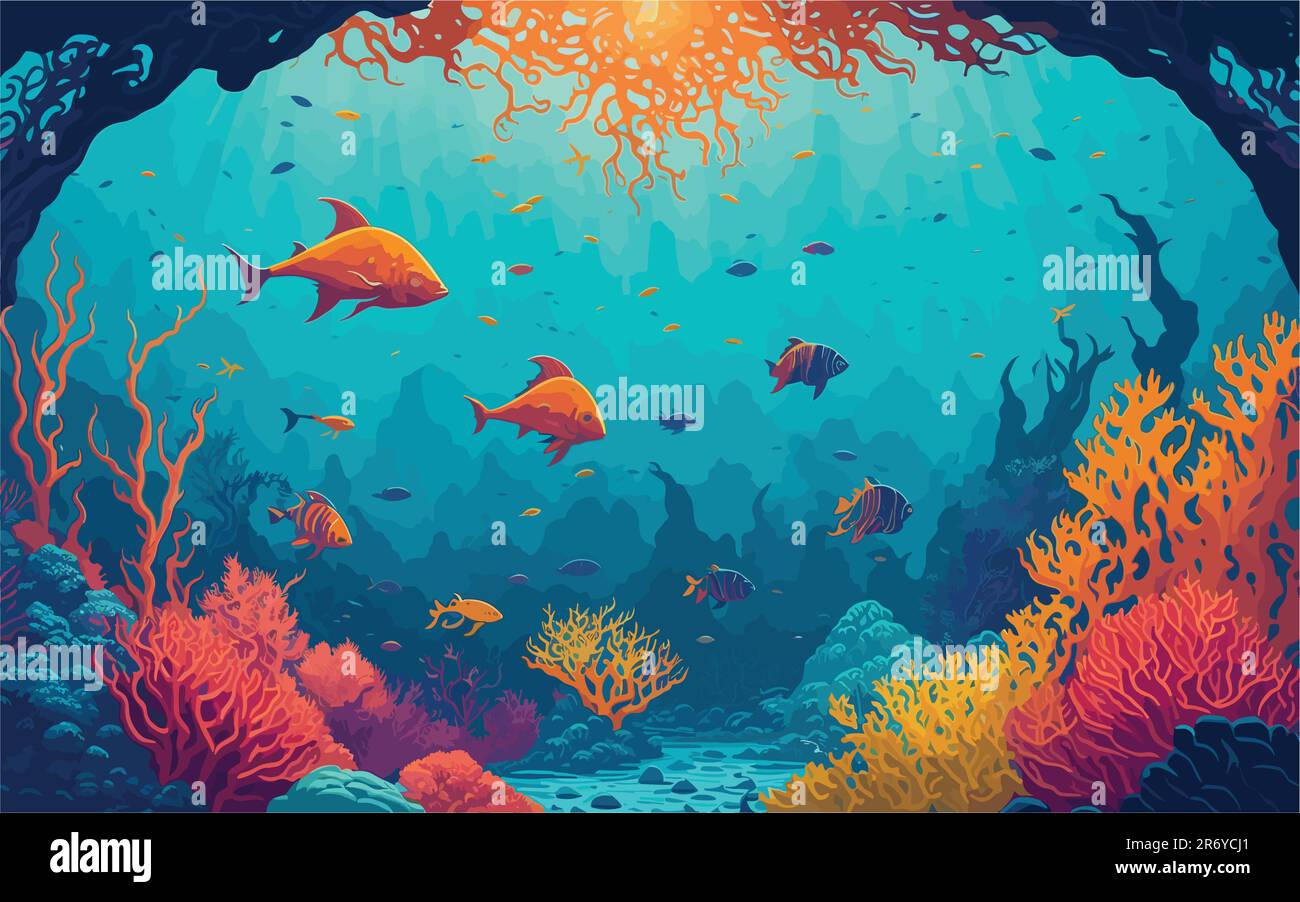 immagine di sfondo in stile vettoriale che raffigura un paradiso sottomarino, caratterizzato da una vibrante barriera corallina, diversa vita marina e alberi di luce solare Illustrazione Vettoriale