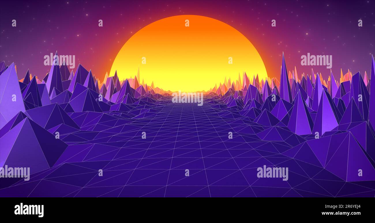 Paesaggio retrò blu viola astratto in stile anni '80s, 90s con rocce stradali montagne e sole, sfondo astratto. Foto Stock