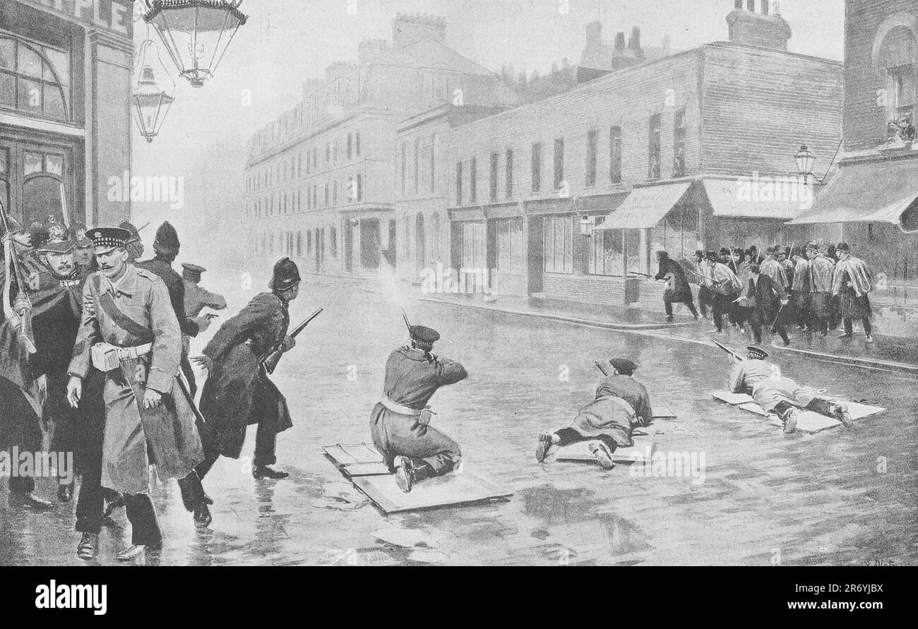 Soldati e poliziotti concherano la casa dove gli espropriatori si sono stabiliti a Londra nel 1910. Illustrazione da 1910. Foto Stock