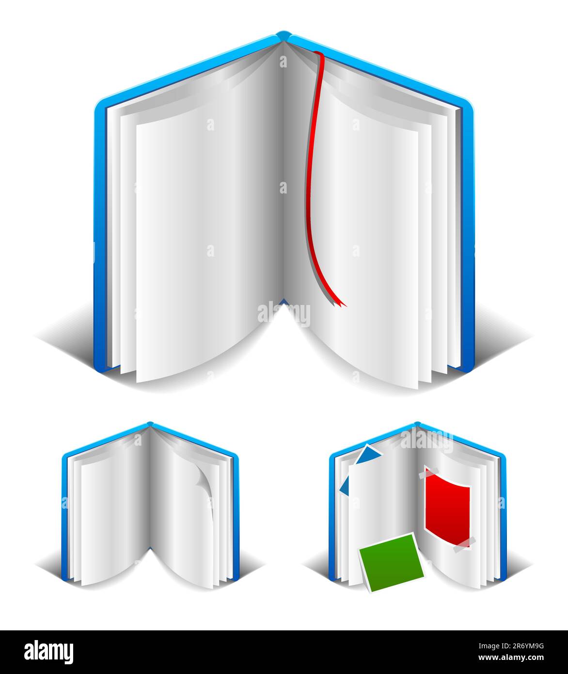 Libro vuoto aperto con pagina bianca. Segnalibri. Album fotografico. Illustrazione Vettoriale