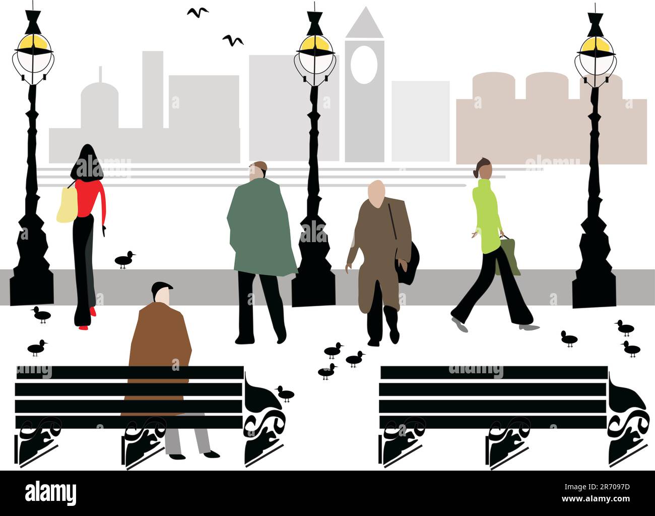 Illustrazione stilizzata di persone che camminano e siedono lungo l'area del London Embankment. Illustrazione Vettoriale