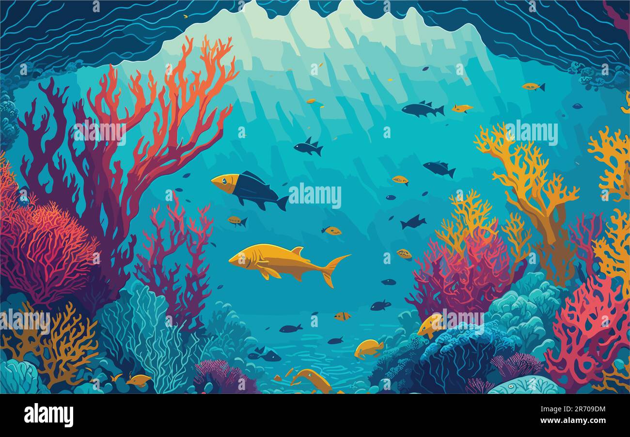 immagine di sfondo in stile vettoriale che raffigura un paradiso sottomarino, caratterizzato da una vibrante barriera corallina, diversa vita marina e alberi di luce solare Illustrazione Vettoriale