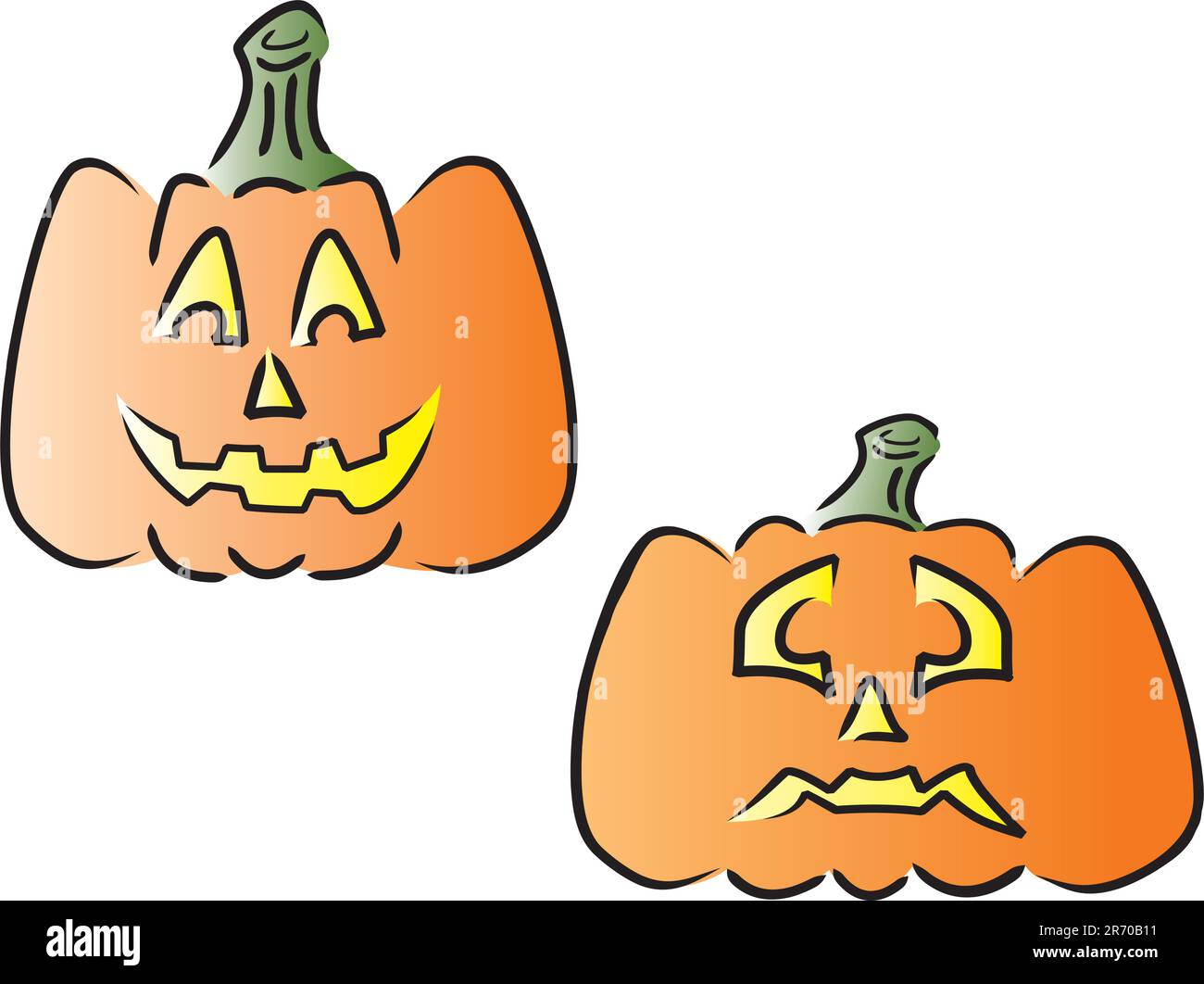 Due zucche sorridenti. Immagini vettoriali con riempimenti opachi (da utilizzare su sfondi scuri). Illustrazione Vettoriale