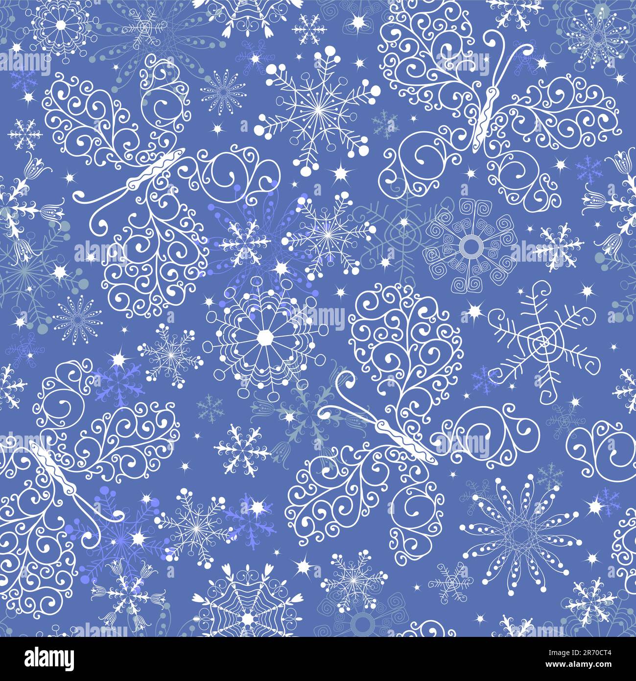 Motivo a ripetizione Bllue christmas con fiocchi di neve bianchi e farfalle (vettore) Illustrazione Vettoriale