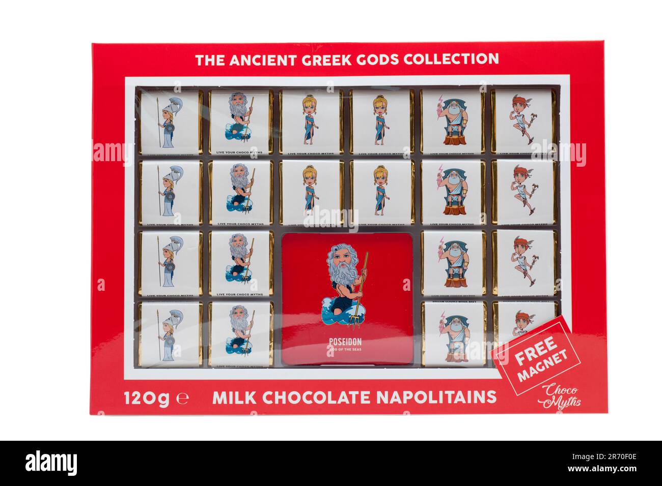 Dai miti di Choco una scatola di 120g della loro collezione degli dei greci antichi napoletani del cioccolato del latte con il magnete leggendario libero Foto Stock